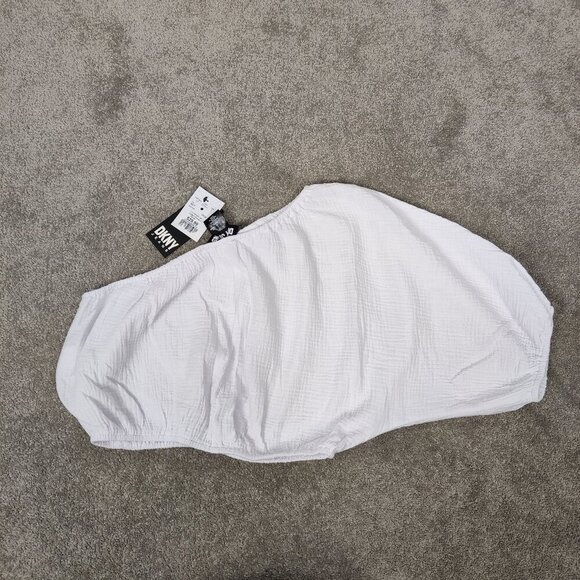 NEW Dkny Women's Crop Top Size L White Cotton Seersucker One Shoulder Boho Beach - Picture 7 of 8